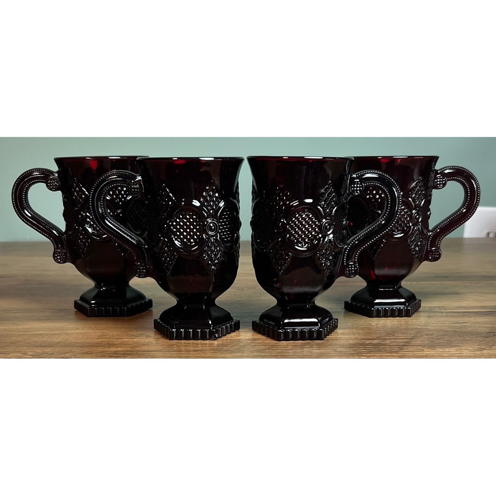 Avon 1876 Cape Cod Ruby Red Glass Footed Mugs Set of 4 Vintage Coffee Tea Cups
